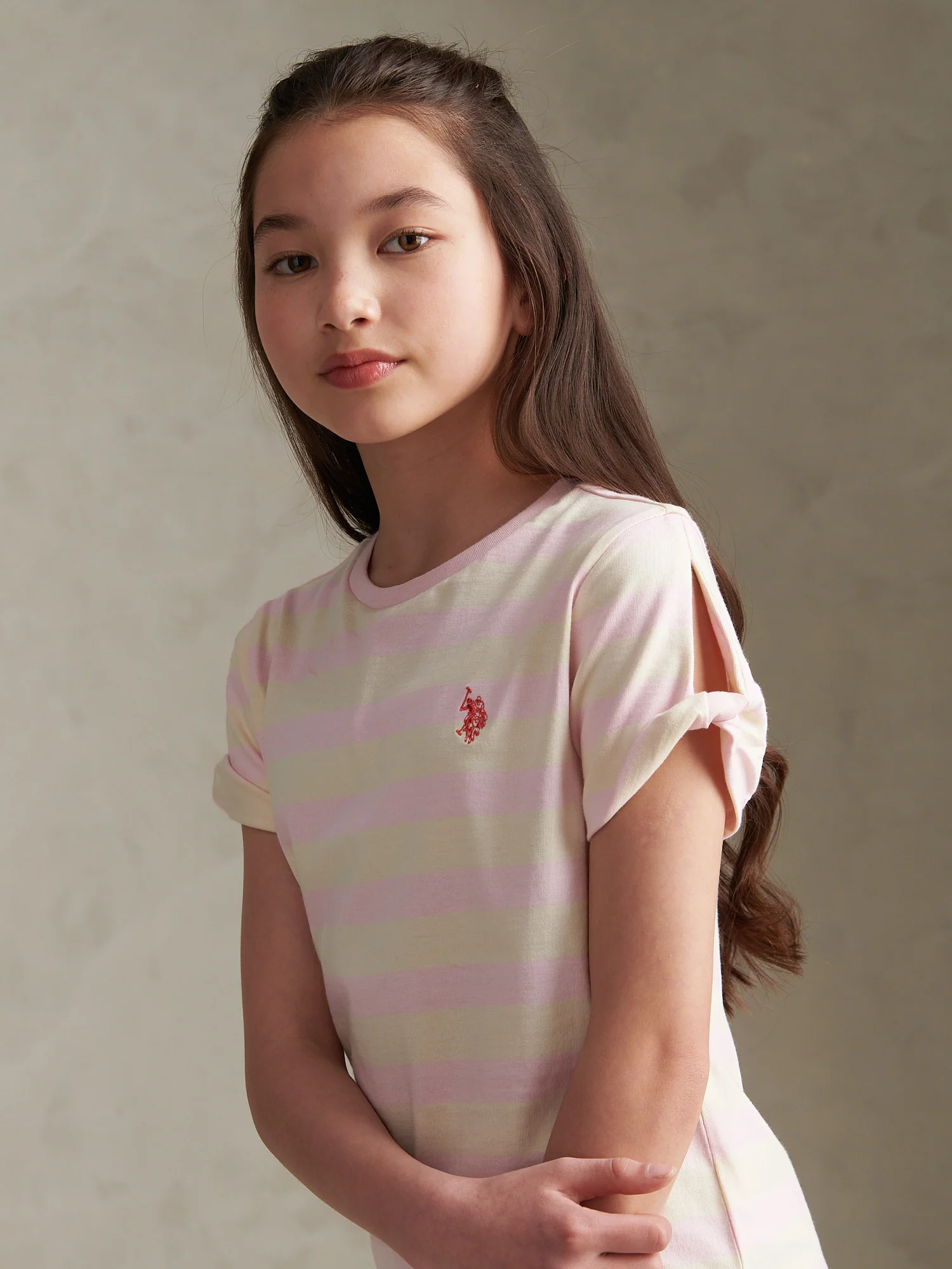 Girls Striped Cold Shoulder T-Shirt Pink Tulle - Image 2