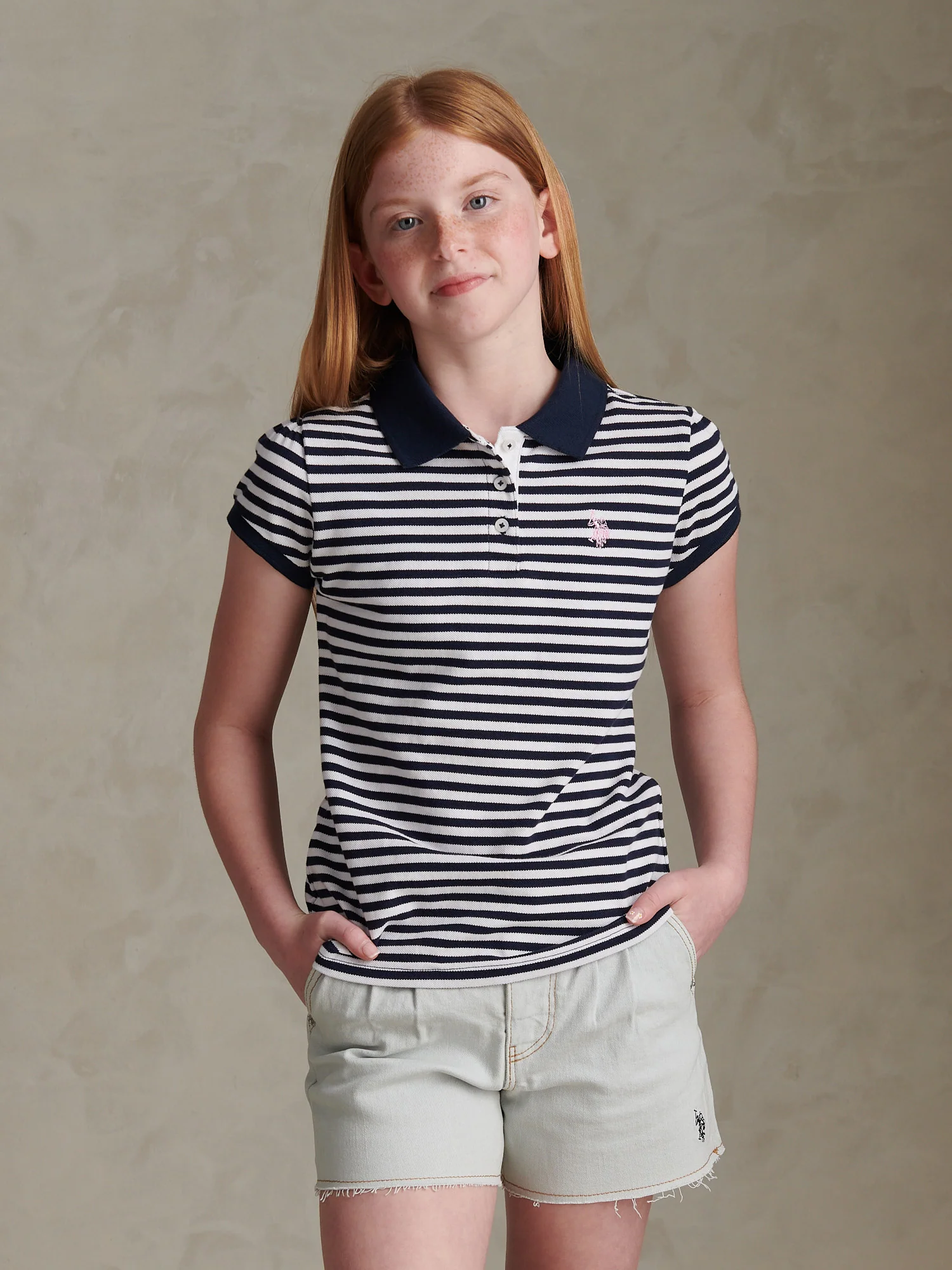 Girls Stripe Cap Sleeve Pique Polo Shirt Navy Iris