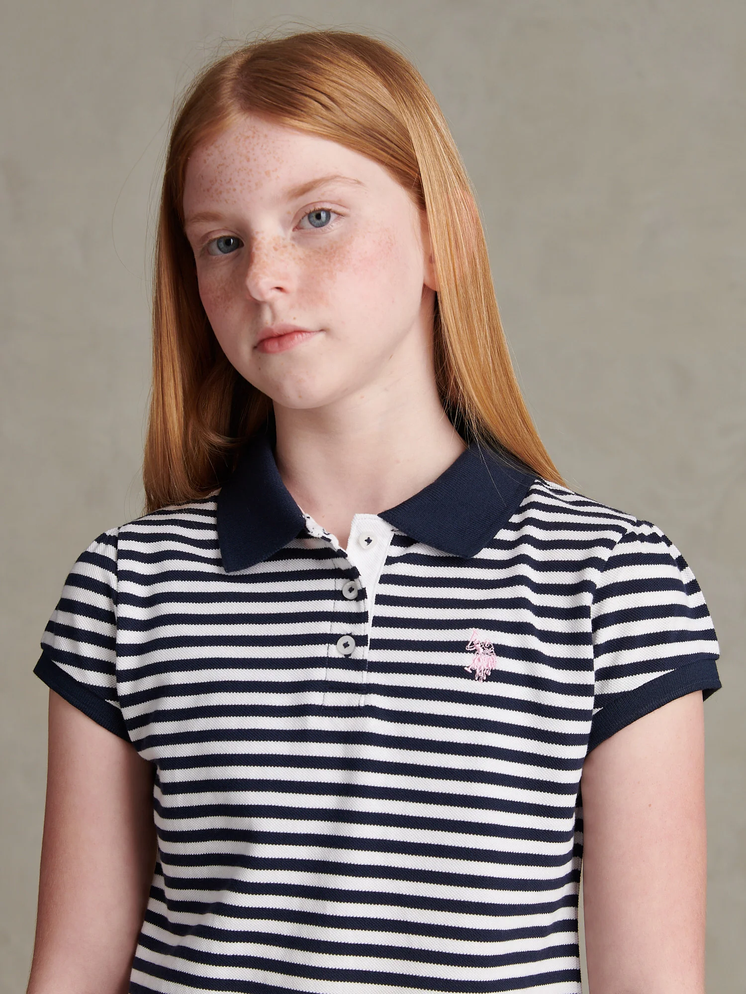 Girls Stripe Cap Sleeve Pique Polo Shirt Navy Iris - Image 2