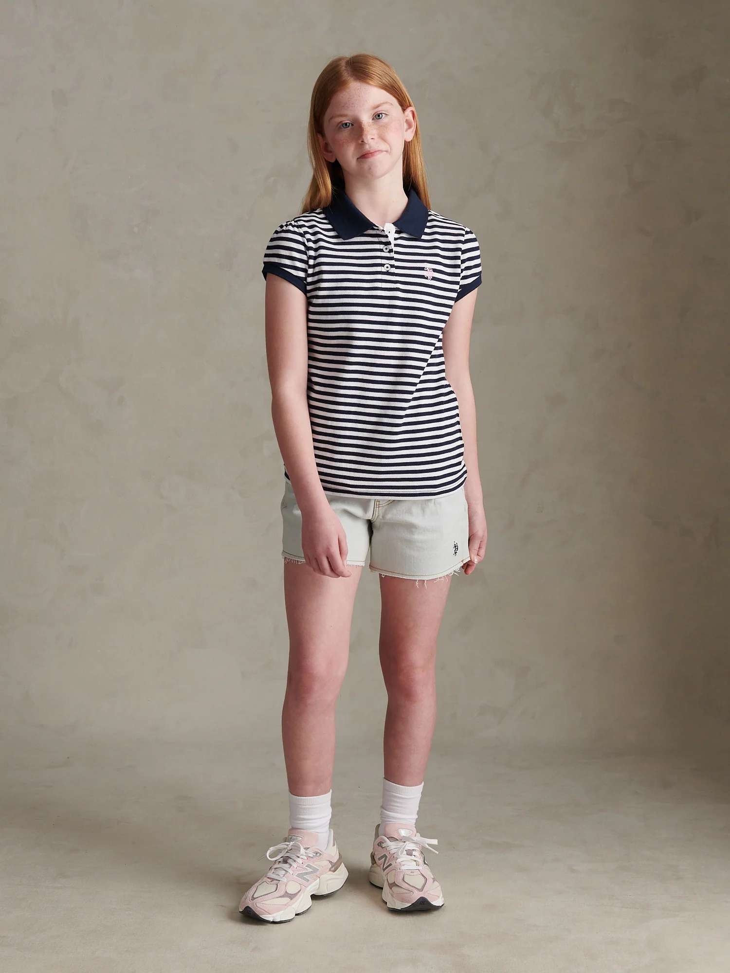 Girls Stripe Cap Sleeve Pique Polo Shirt Navy Iris - Image 3
