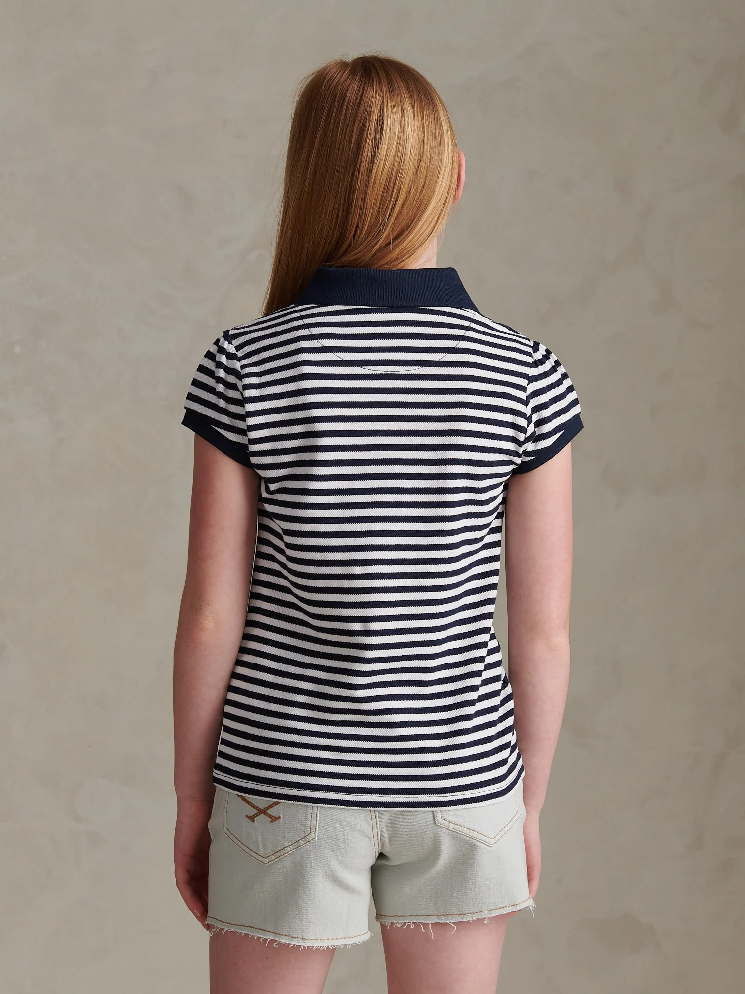 Girls Stripe Cap Sleeve Pique Polo Shirt Navy Iris - Image 4