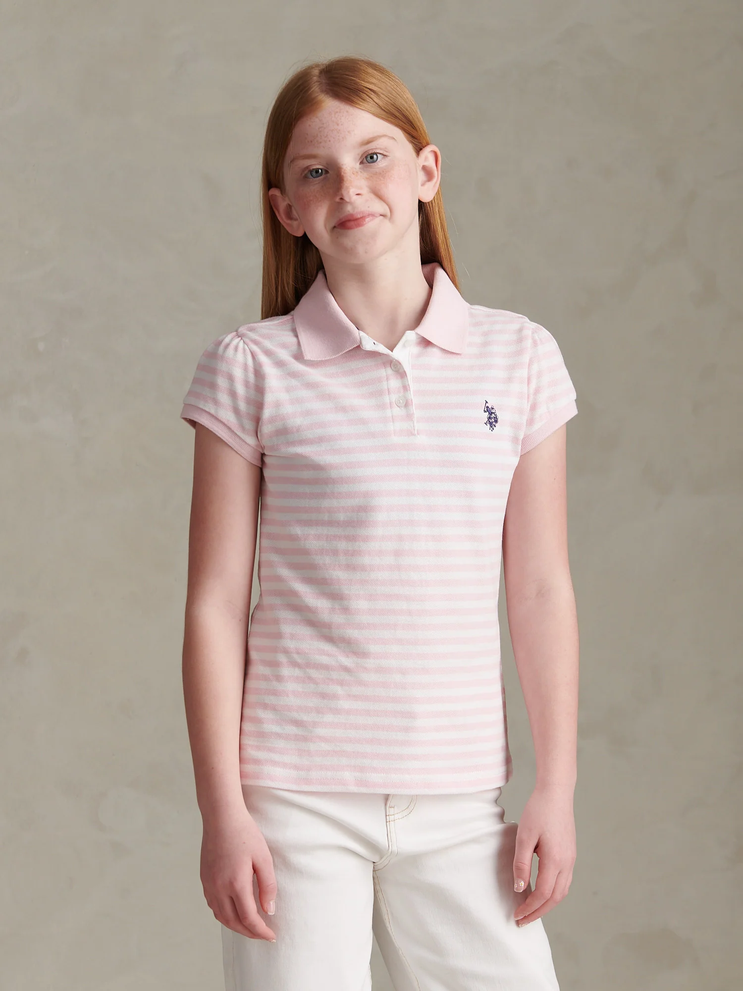 Girls Stripe Cap Sleeve Pique Polo Shirt Pink Tulle - Image 6