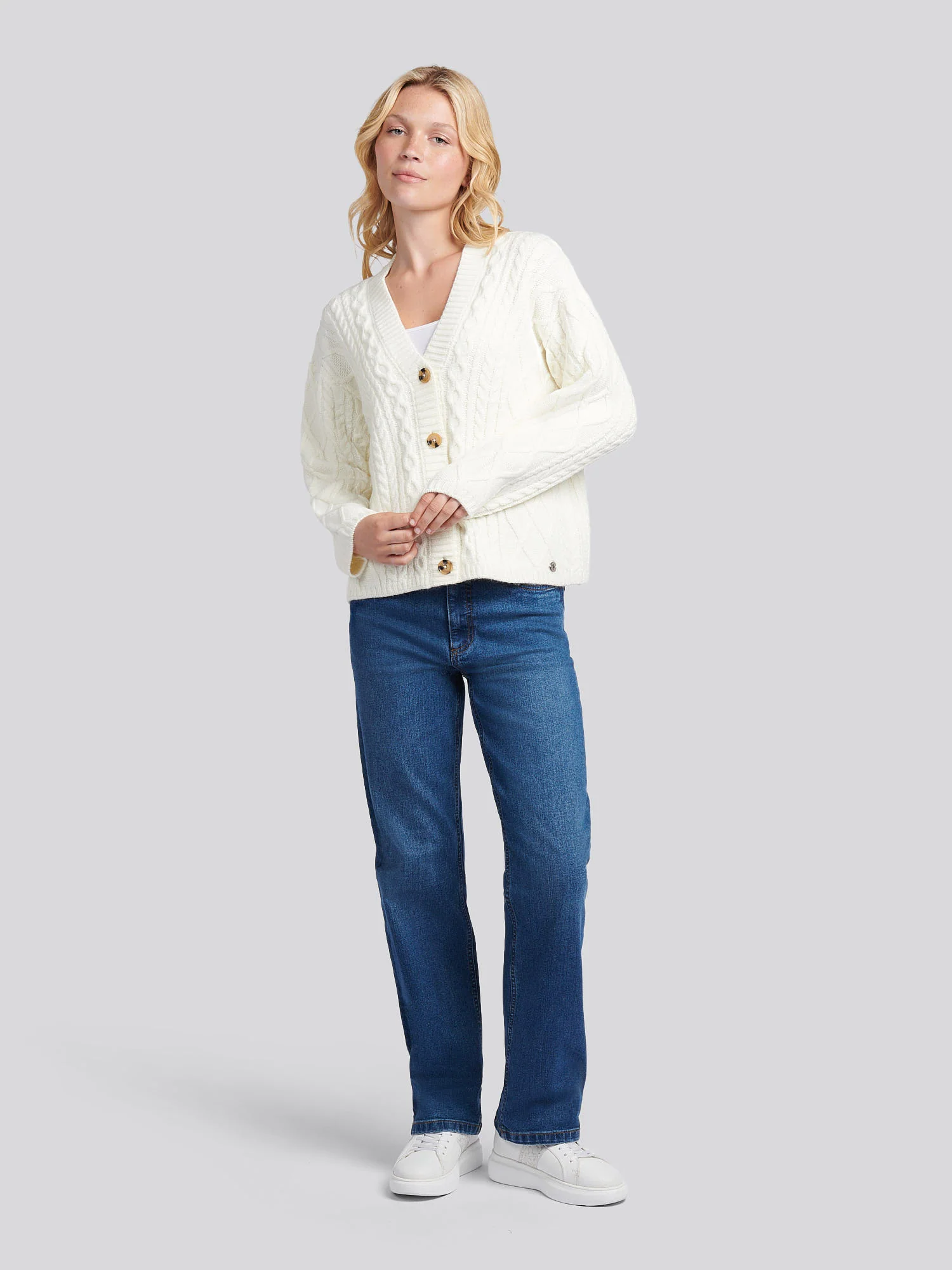 Womens Aran Cable Cardigan Marshmallow - Image 3