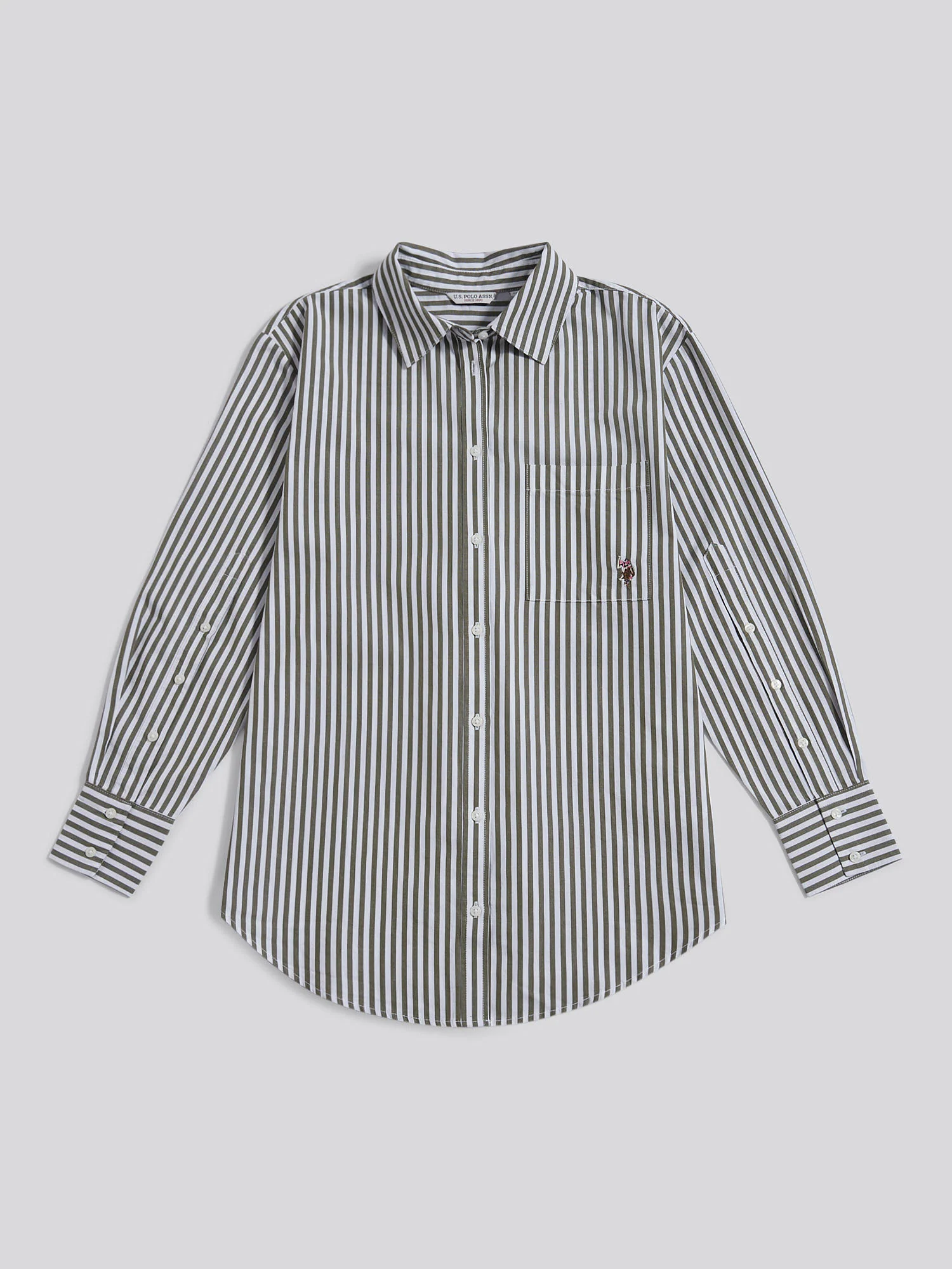 Womens Cotton Poplin Loose Fit Stripe Shirt in Kalamata Green