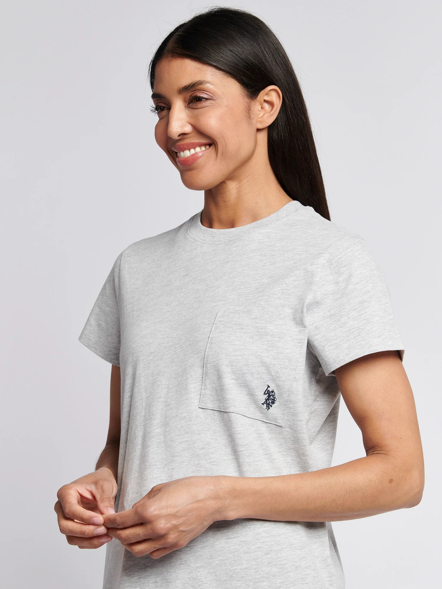 Womens Crew Neck Pocket T-Shirt in Pearl Grey Marl - Image 2