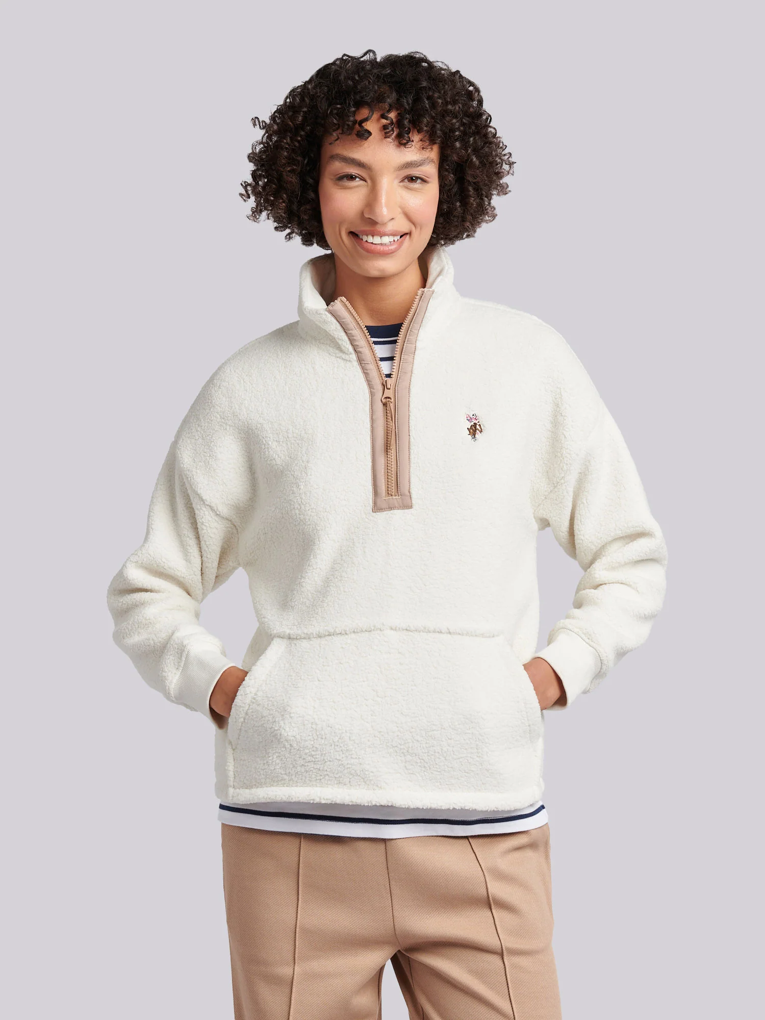 Womens Double Horsemen Borg 1/4 Zip in Marshmallow