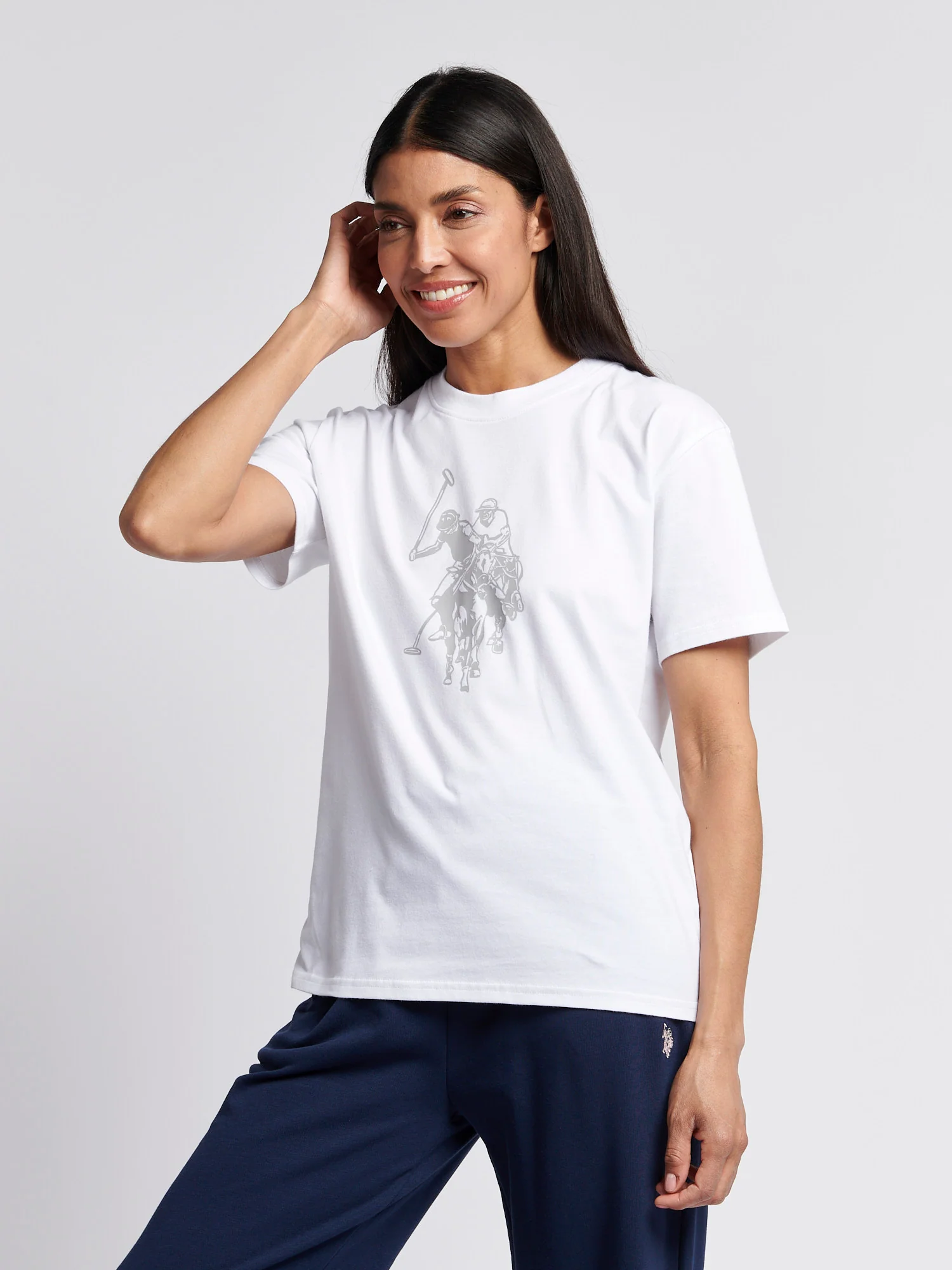 Womens Double Horsemen Print Crew Neck T-Shirt in Bright White