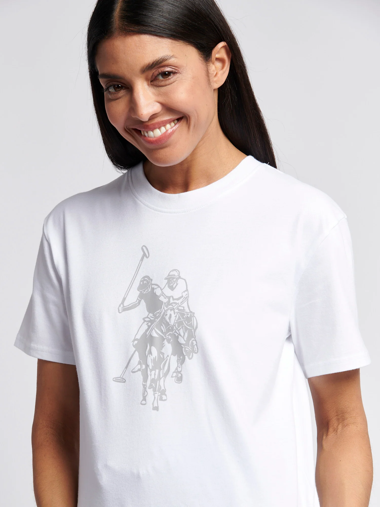 Womens Double Horsemen Print Crew Neck T-Shirt in Bright White - Image 2