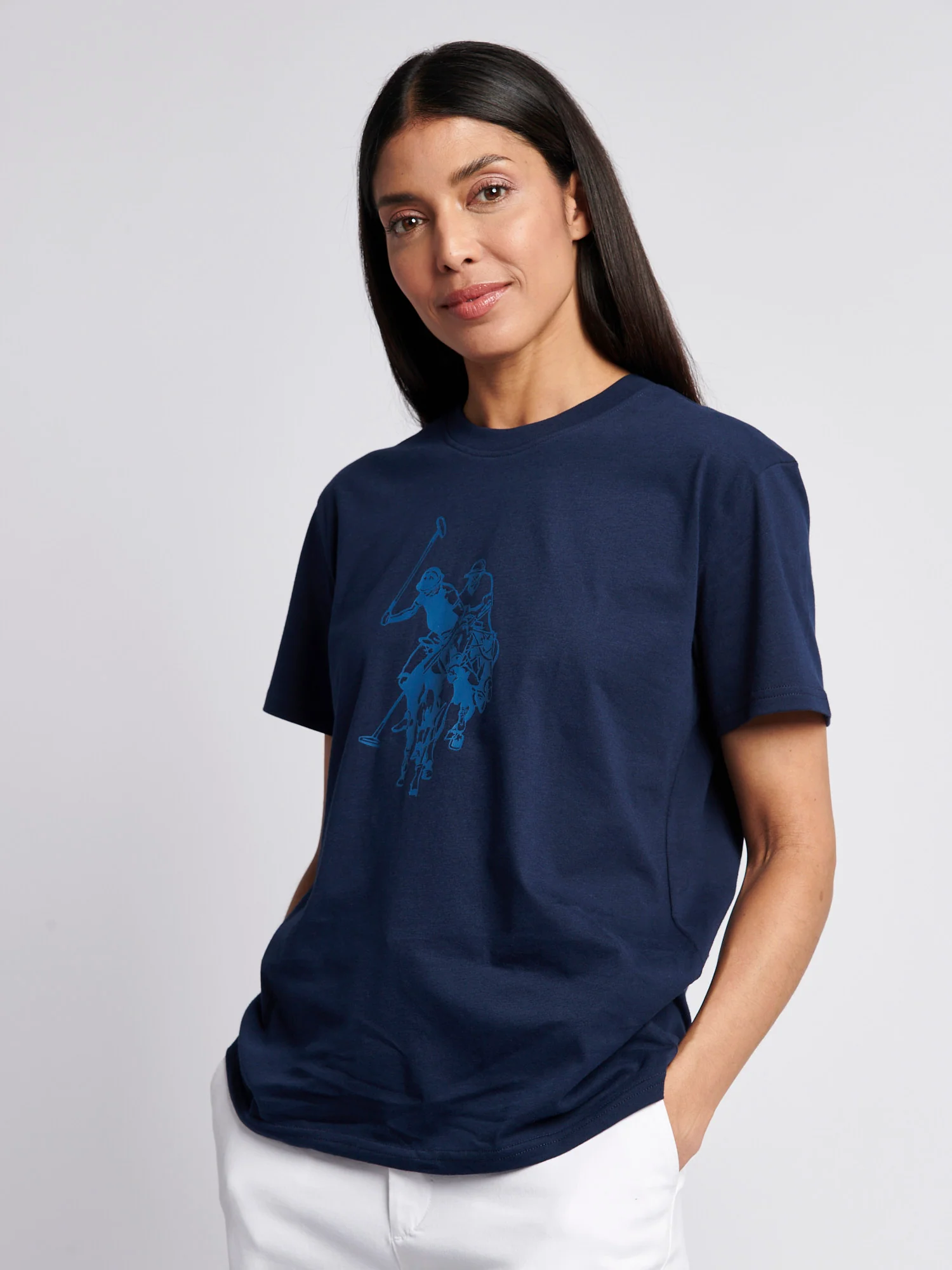 Womens Double Horsemen Print Crew Neck T-Shirt in Navy Iris - Image 2