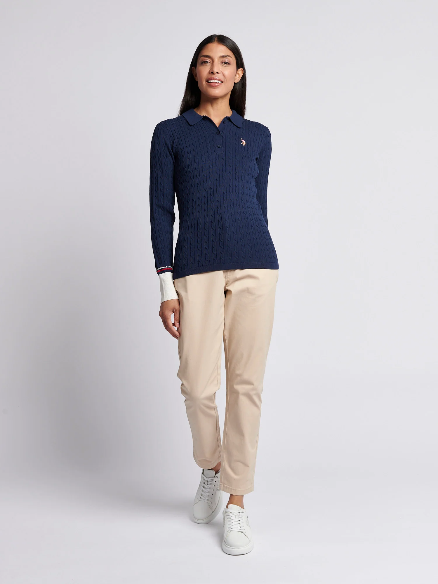 Womens Fine Cable Polo Knit in Navy Iris - Image 3
