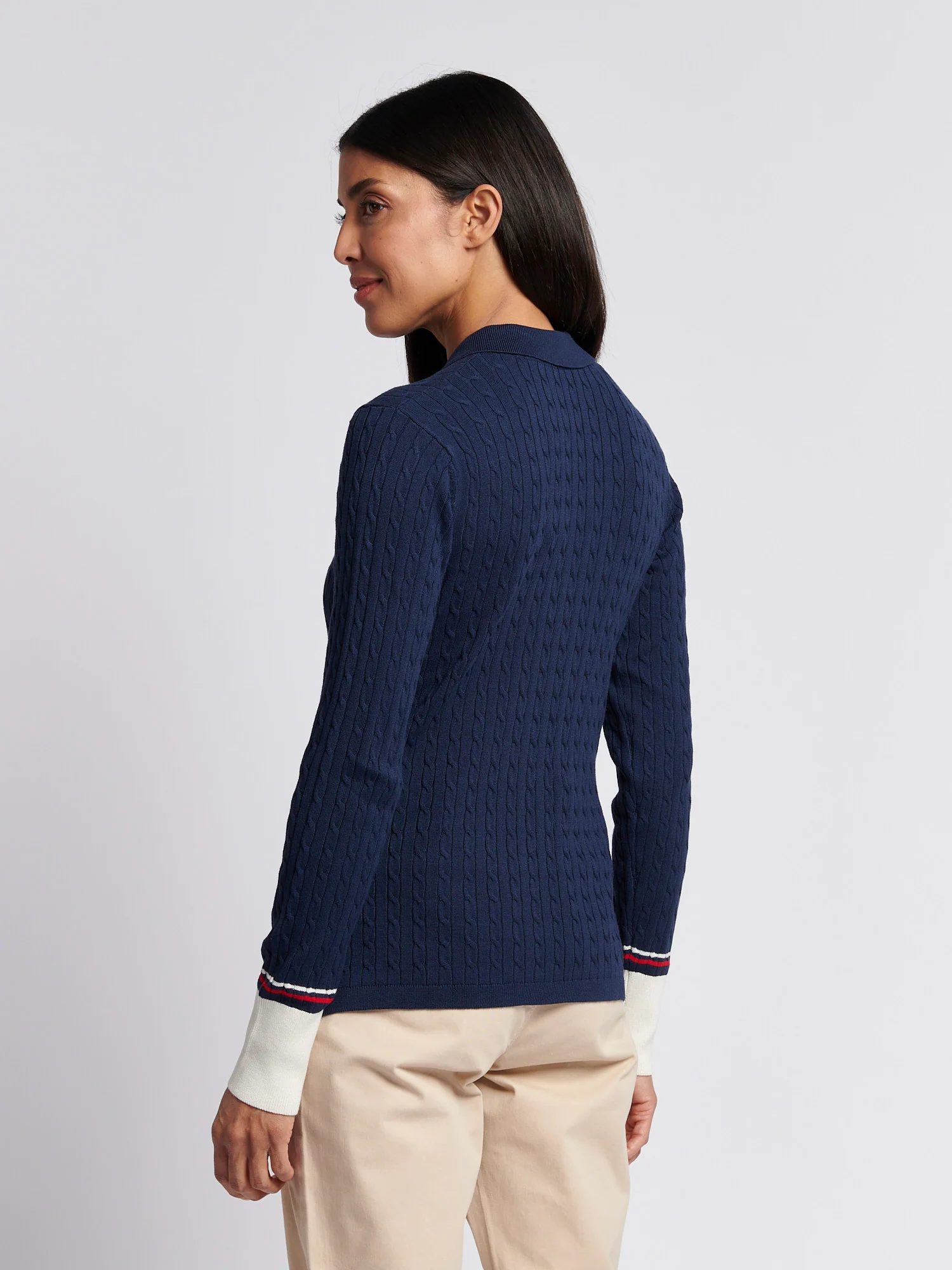 Womens Fine Cable Polo Knit in Navy Iris - Image 4