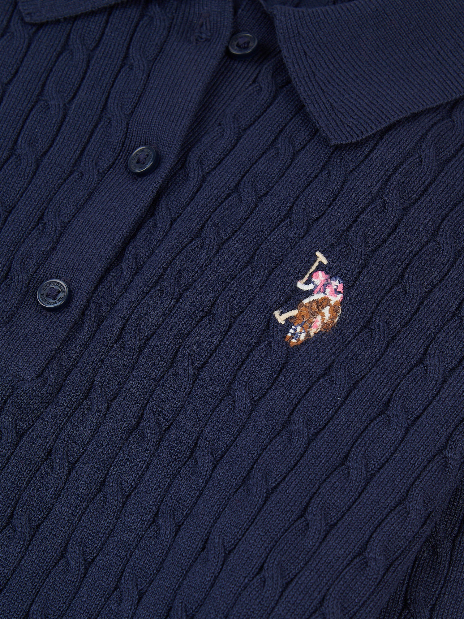 Womens Fine Cable Polo Knit in Navy Iris - Image 7