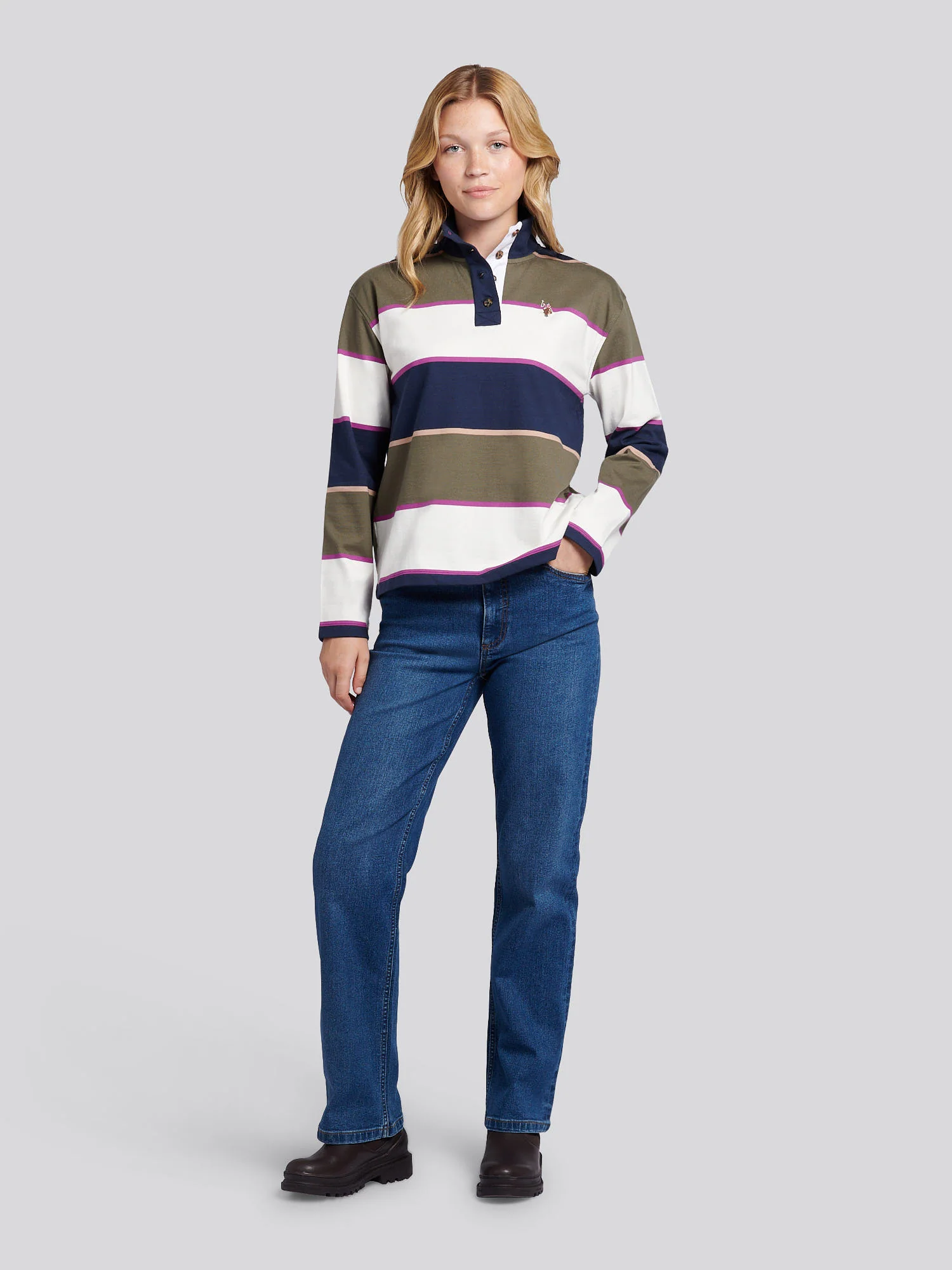 Womens Large Stripe Funnel Neck Rugby Shirt in Kalamata Green - Image 3