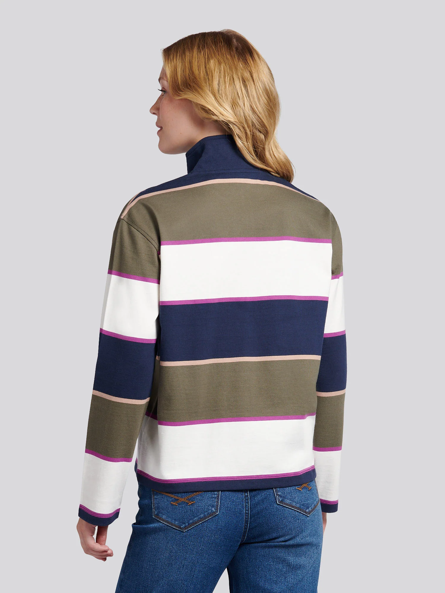 Womens Large Stripe Funnel Neck Rugby Shirt in Kalamata Green - Image 4