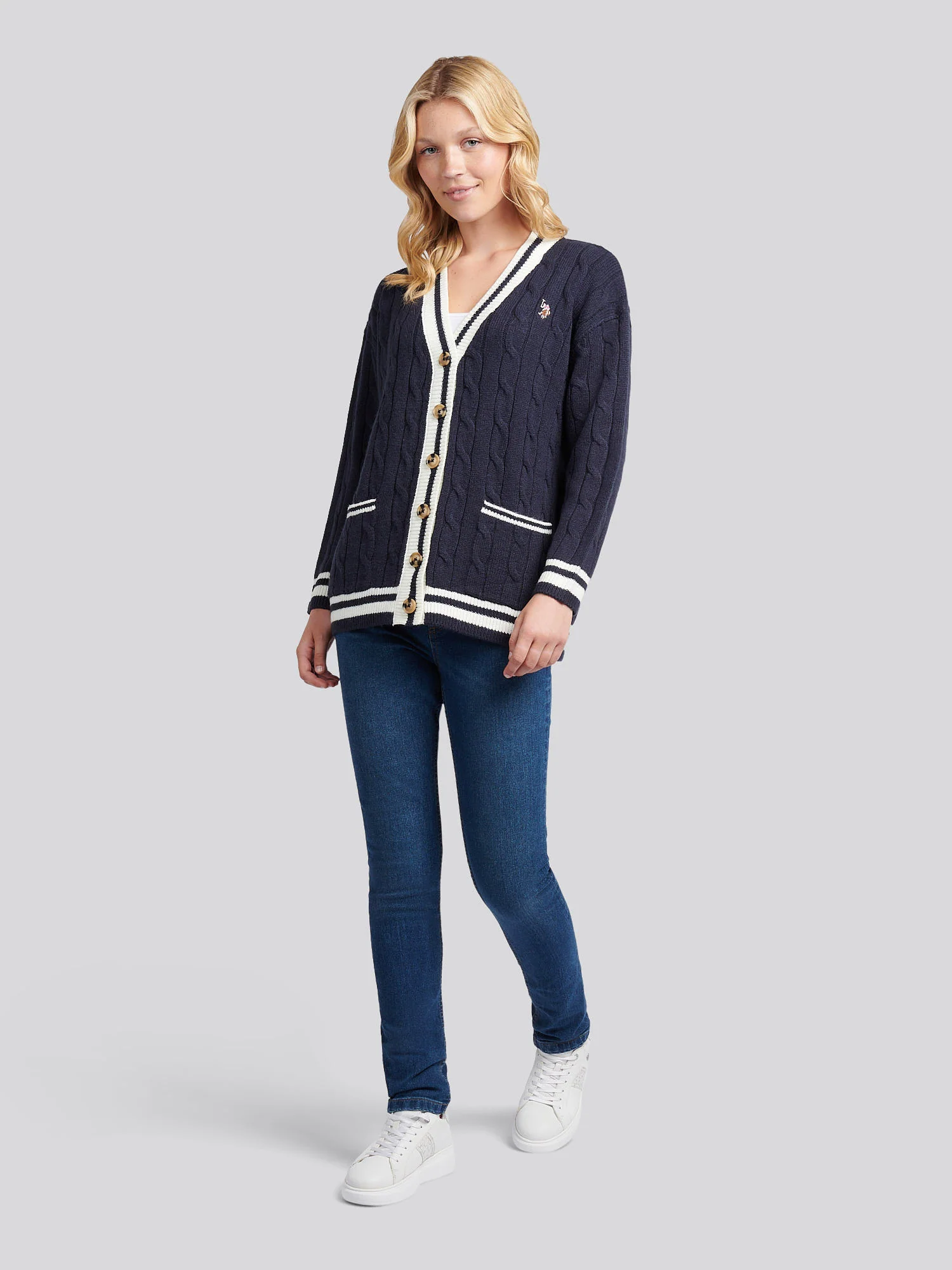 Womens Longline Cable Cardigan in Navy Iris - Image 3