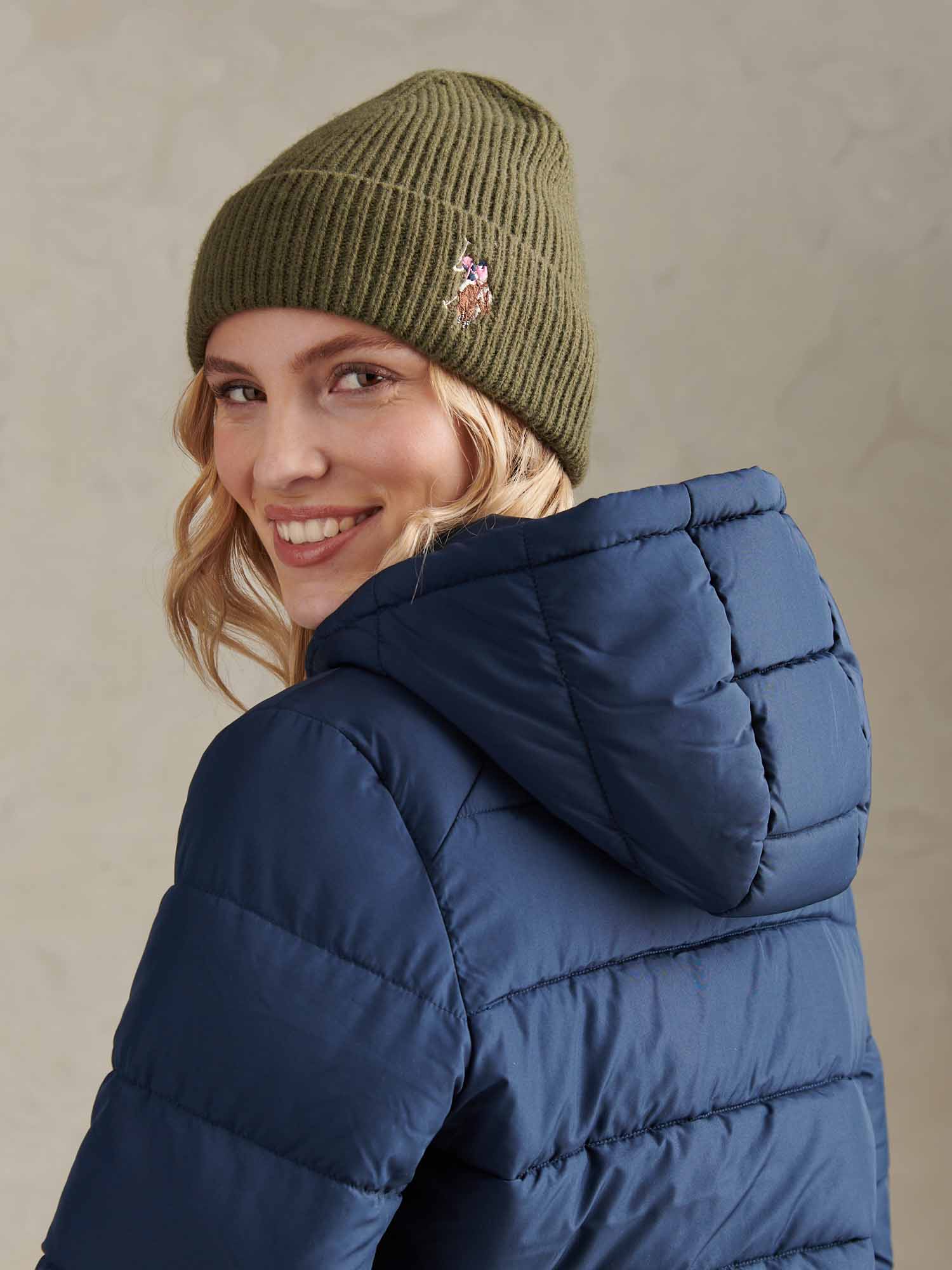 Womens Multicolour Double Horsemen Knit Beanie in Kalamata Green - Image 4