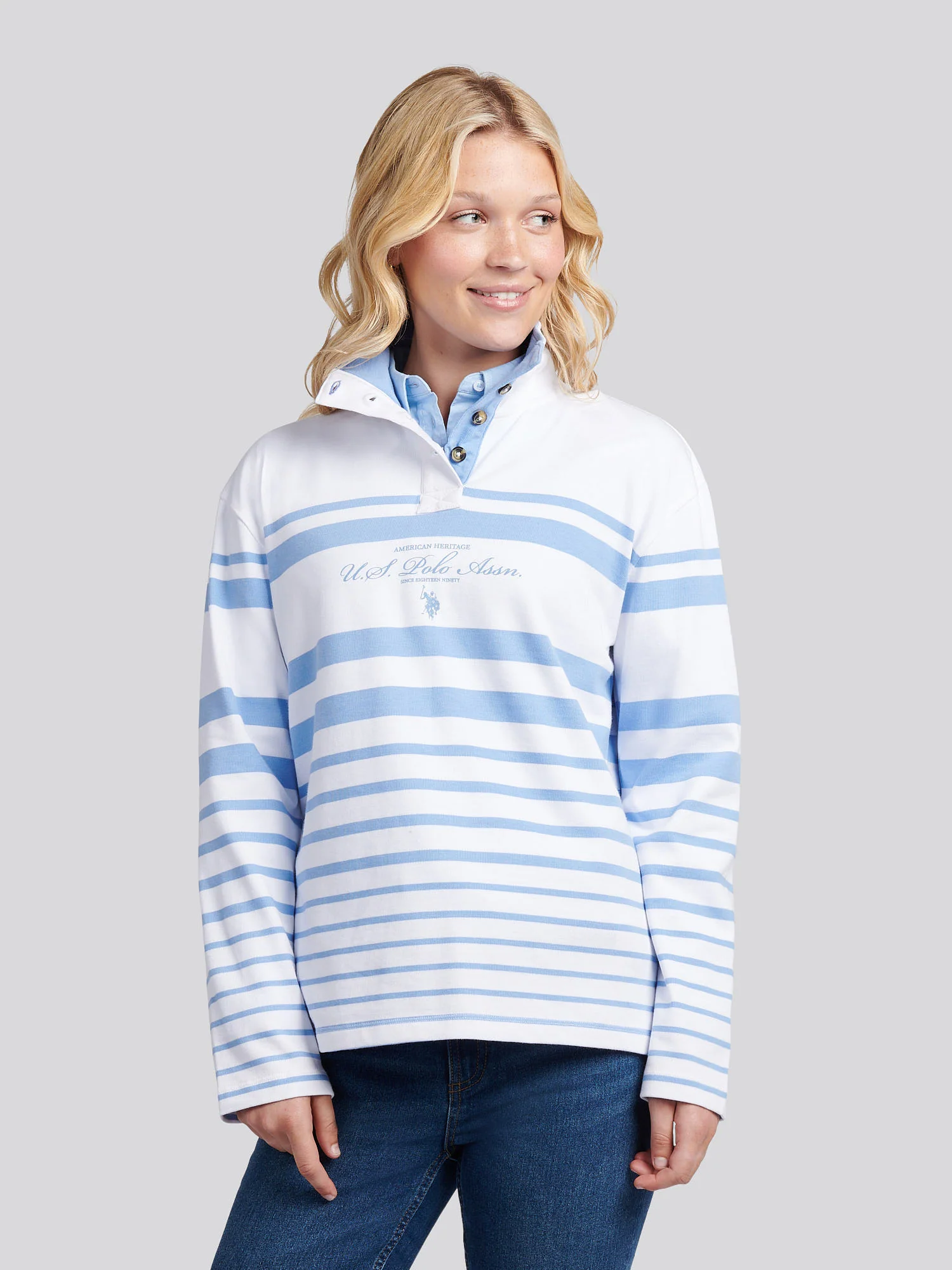 Womens Premium Graphic Stripe Funnel Neck Top in Vista Blue - Image 6