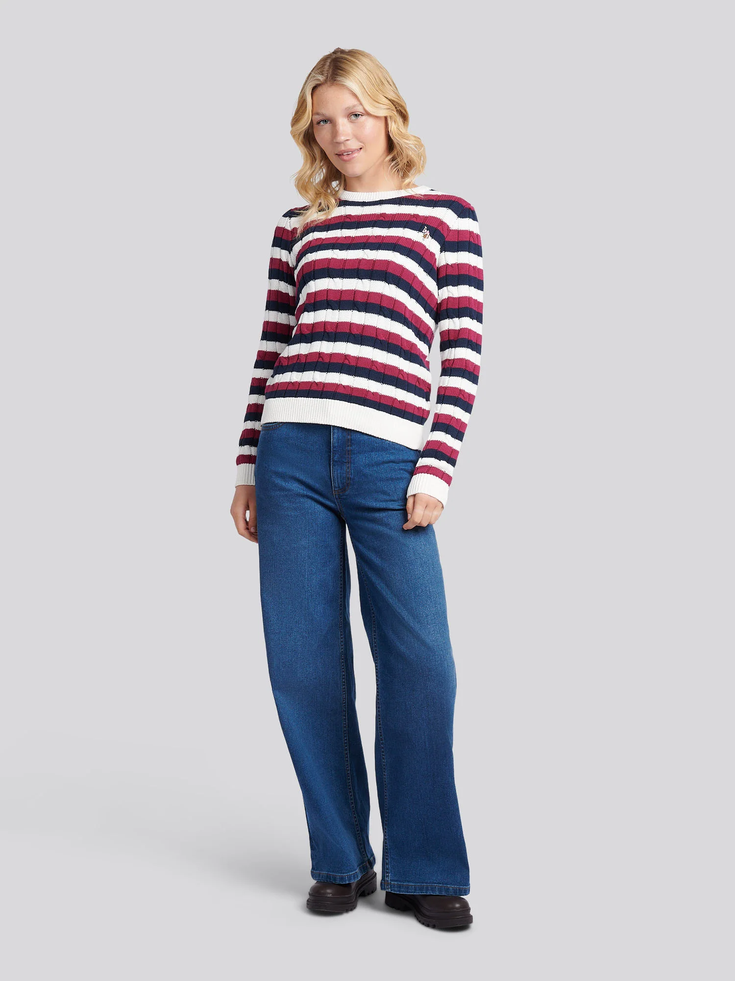 Womens Stripe Crew Neck Cable Jumper in Beaujolais - Image 3