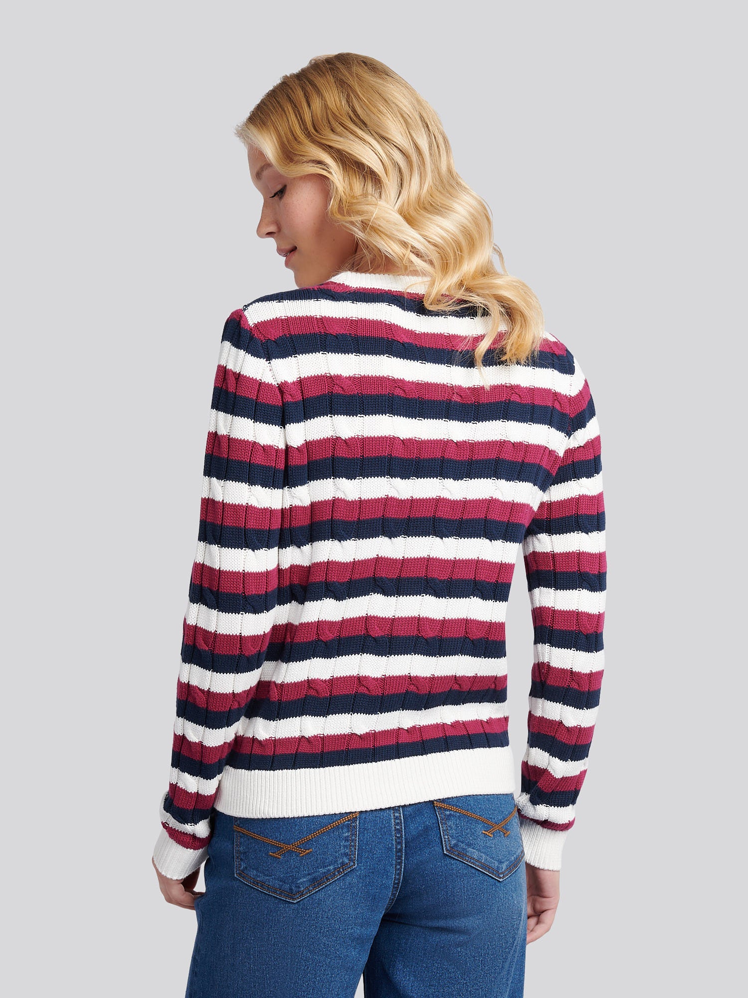 Womens Stripe Crew Neck Cable Jumper in Beaujolais - Image 4