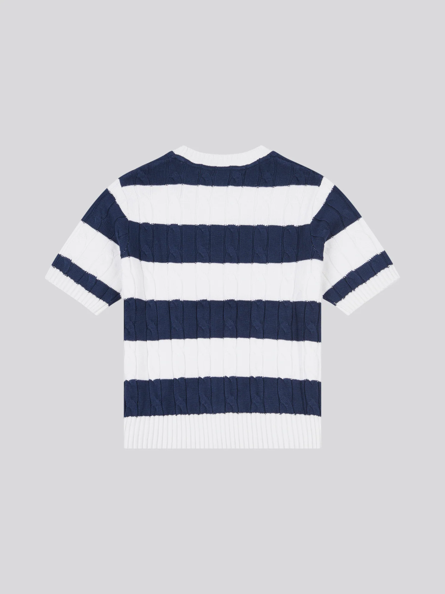 Womens Stripe Loose Cable Knit Short Sleeve Jumper in Navy Iris - Image 2