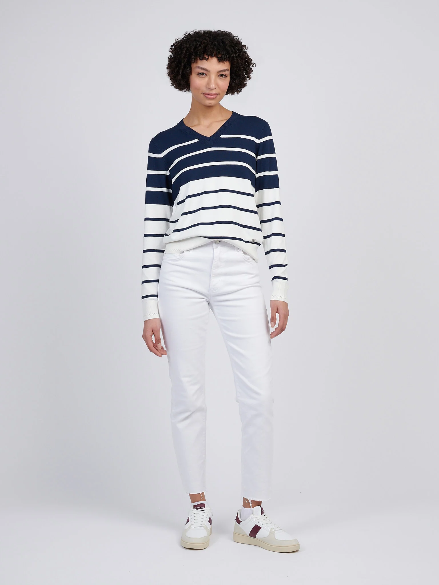 Womens Stripe V-Neck Fine Knit Jumper in Navy Iris - Image 3