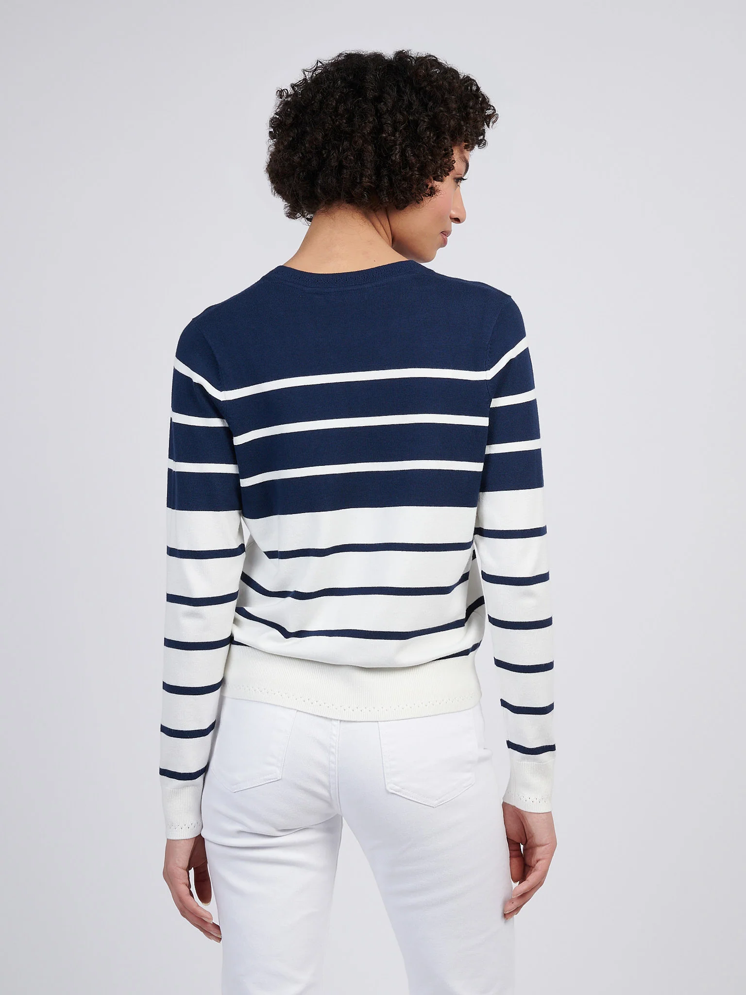 Womens Stripe V-Neck Fine Knit Jumper in Navy Iris - Image 4