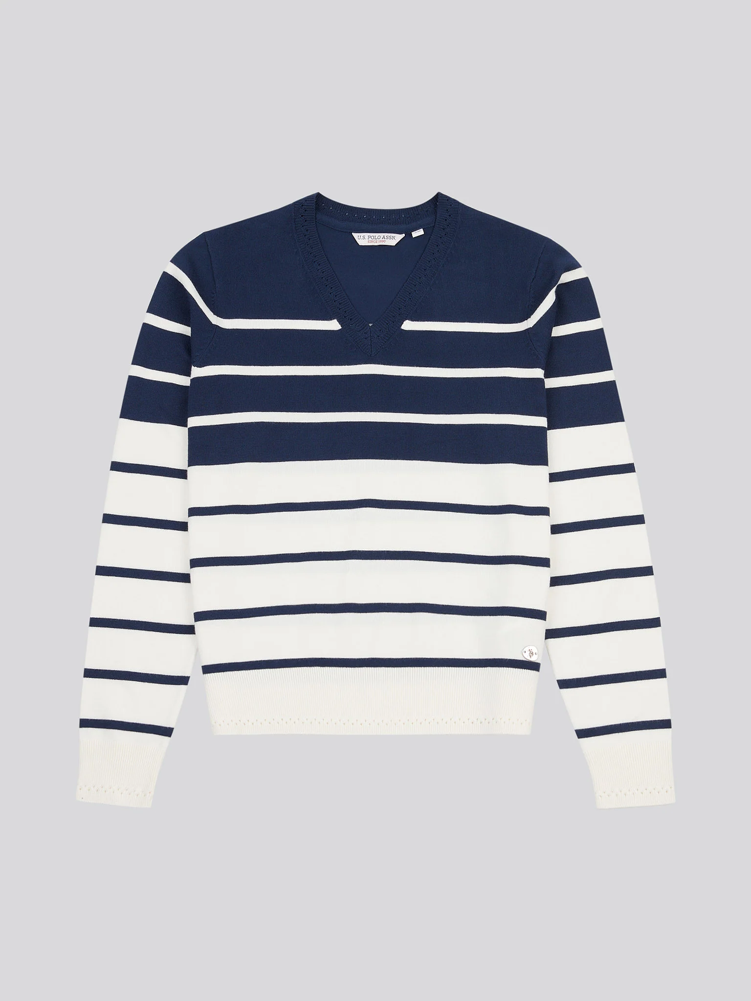 Womens Stripe V-Neck Fine Knit Jumper in Navy Iris - Image 5