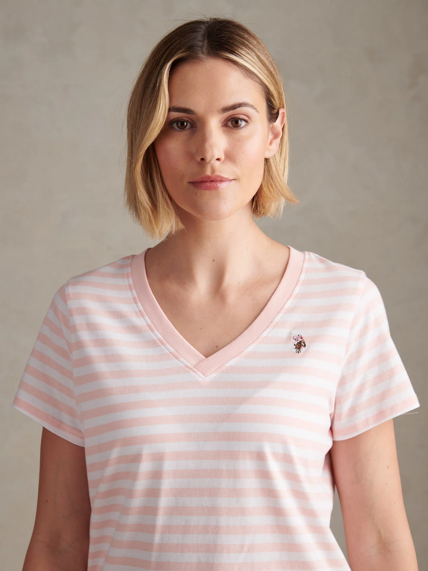 Womens Stripe V-Neck Neck T-Shirt Crystal Rose - Image 2