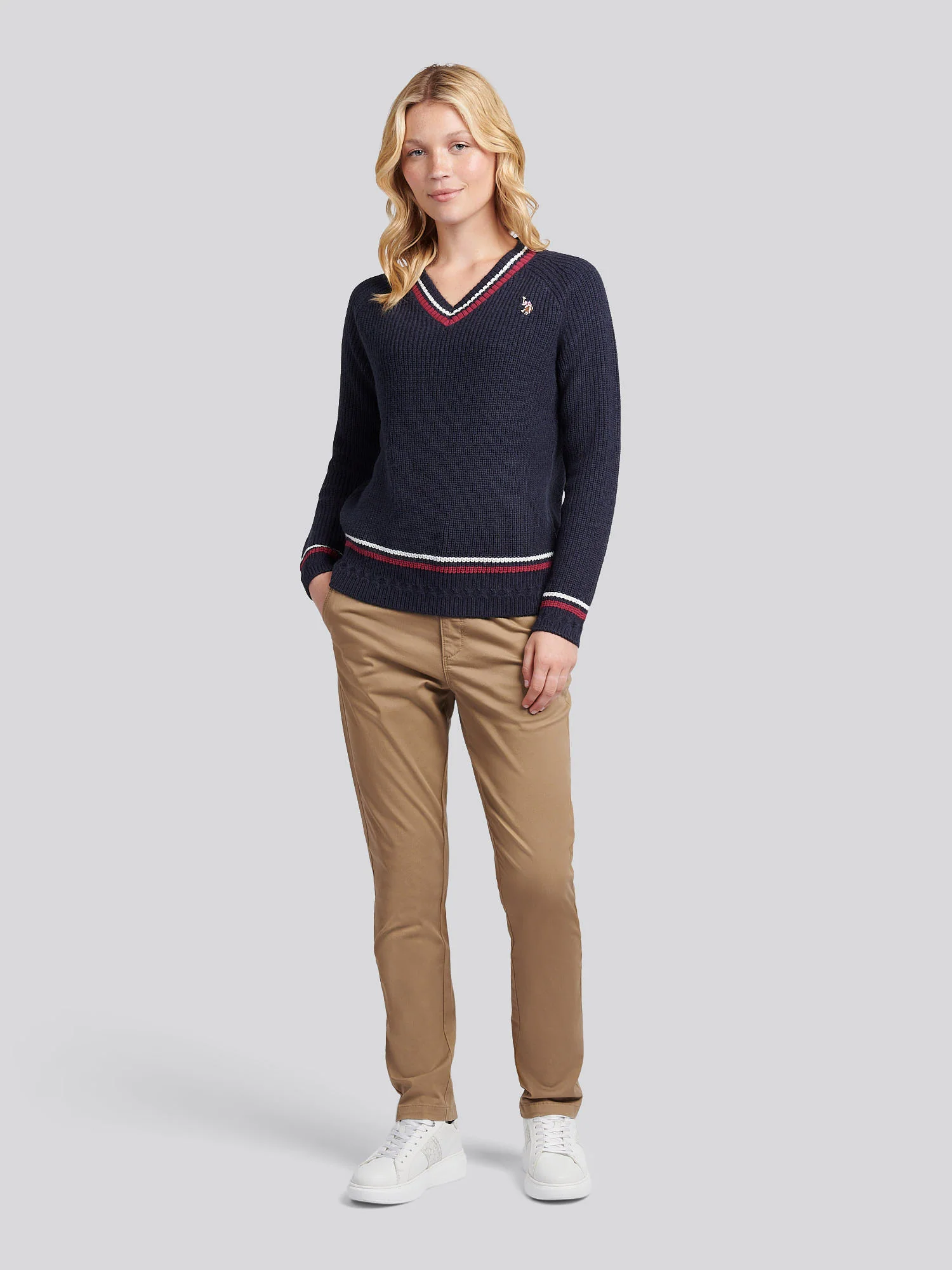 Womens Tri Stripe Tipping Cricket Jumper in Navy Iris - Image 3