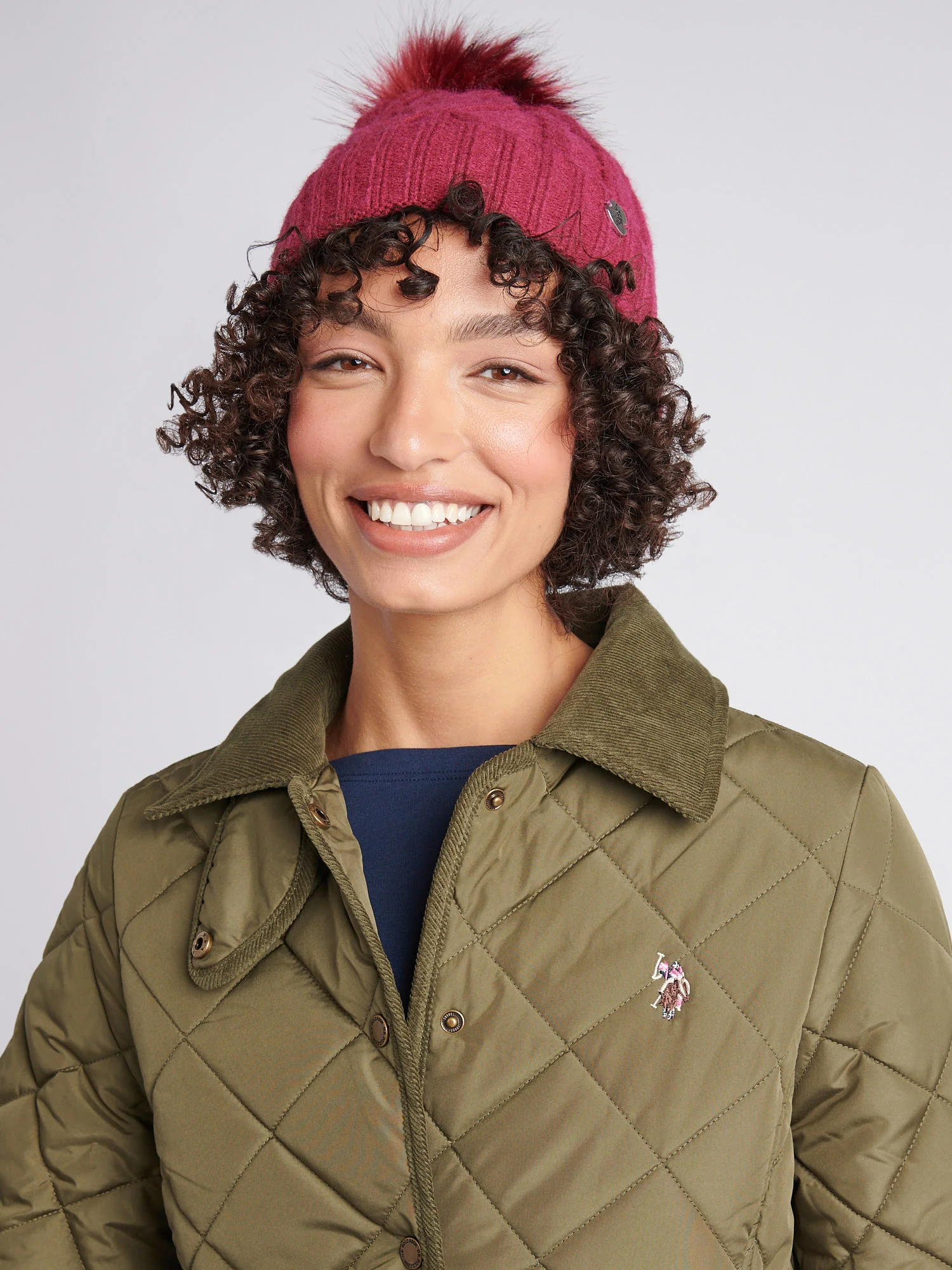Womens Twist Cable Fur Bobble Knit Beanie in Beaujolais - Image 2