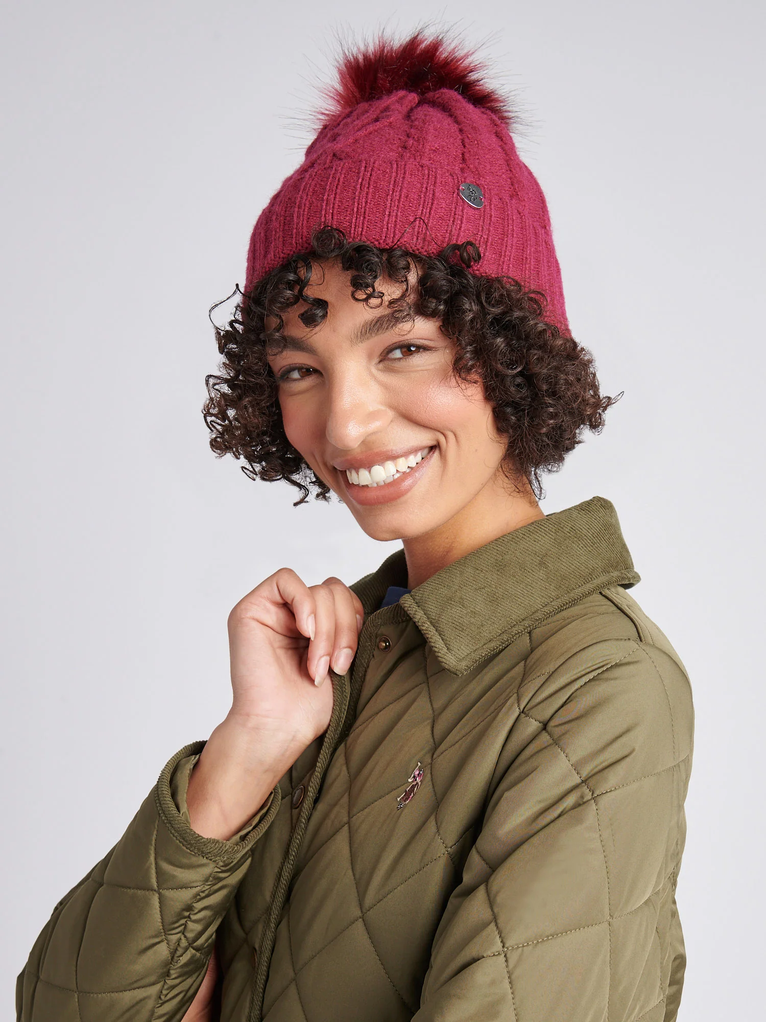 Womens Twist Cable Fur Bobble Knit Beanie in Beaujolais - Image 3