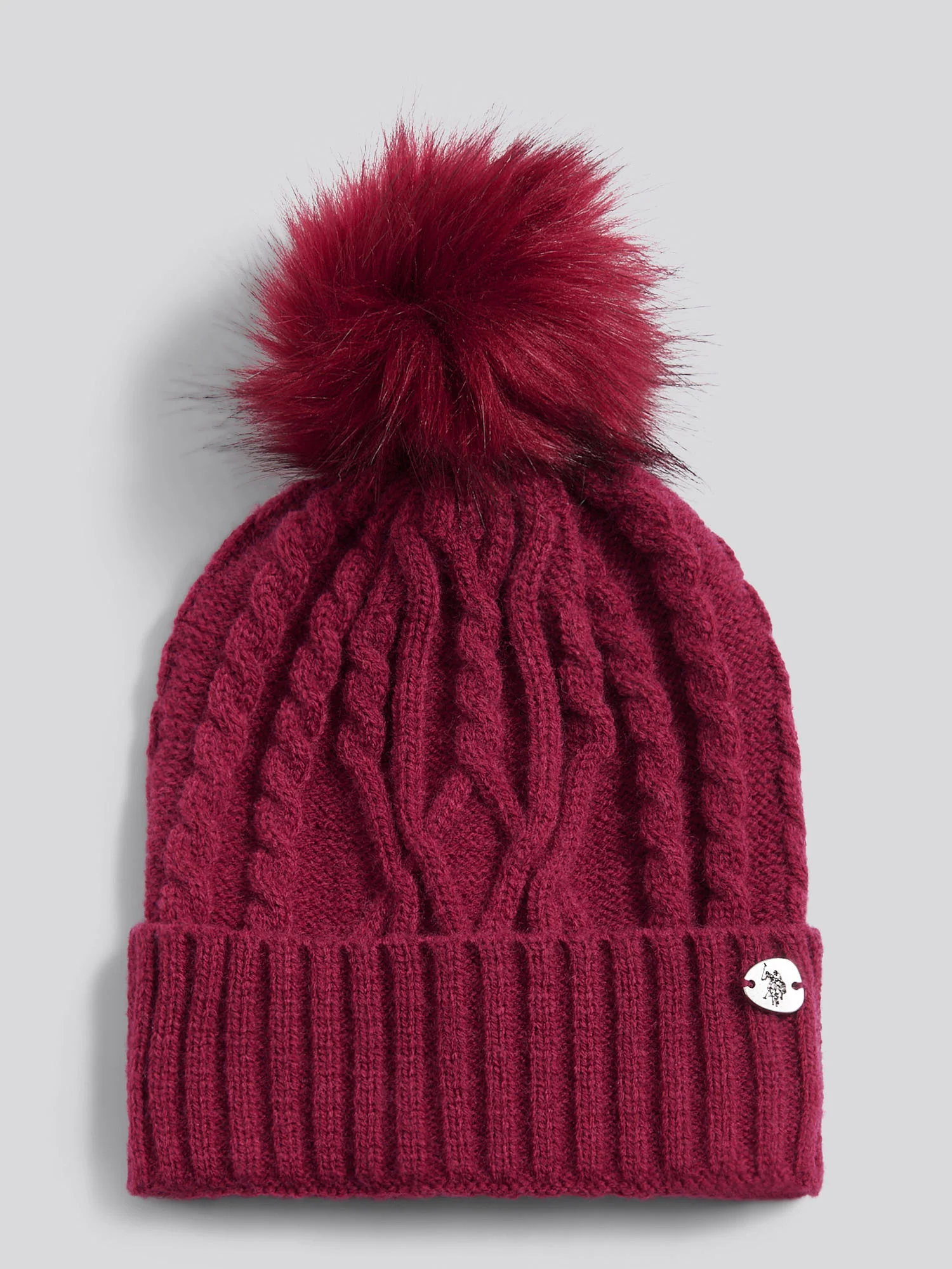 Womens Twist Cable Fur Bobble Knit Beanie in Beaujolais - Image 5