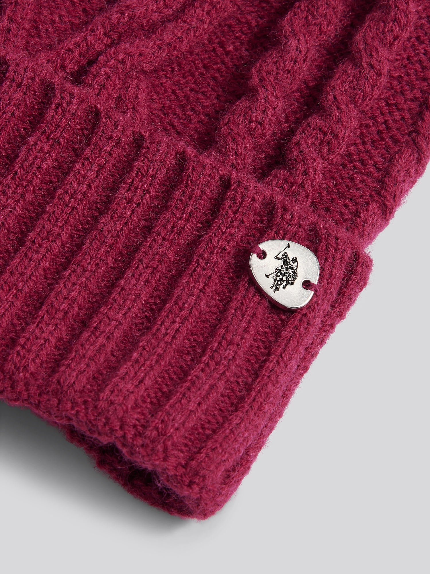 Womens Twist Cable Fur Bobble Knit Beanie in Beaujolais - Image 7