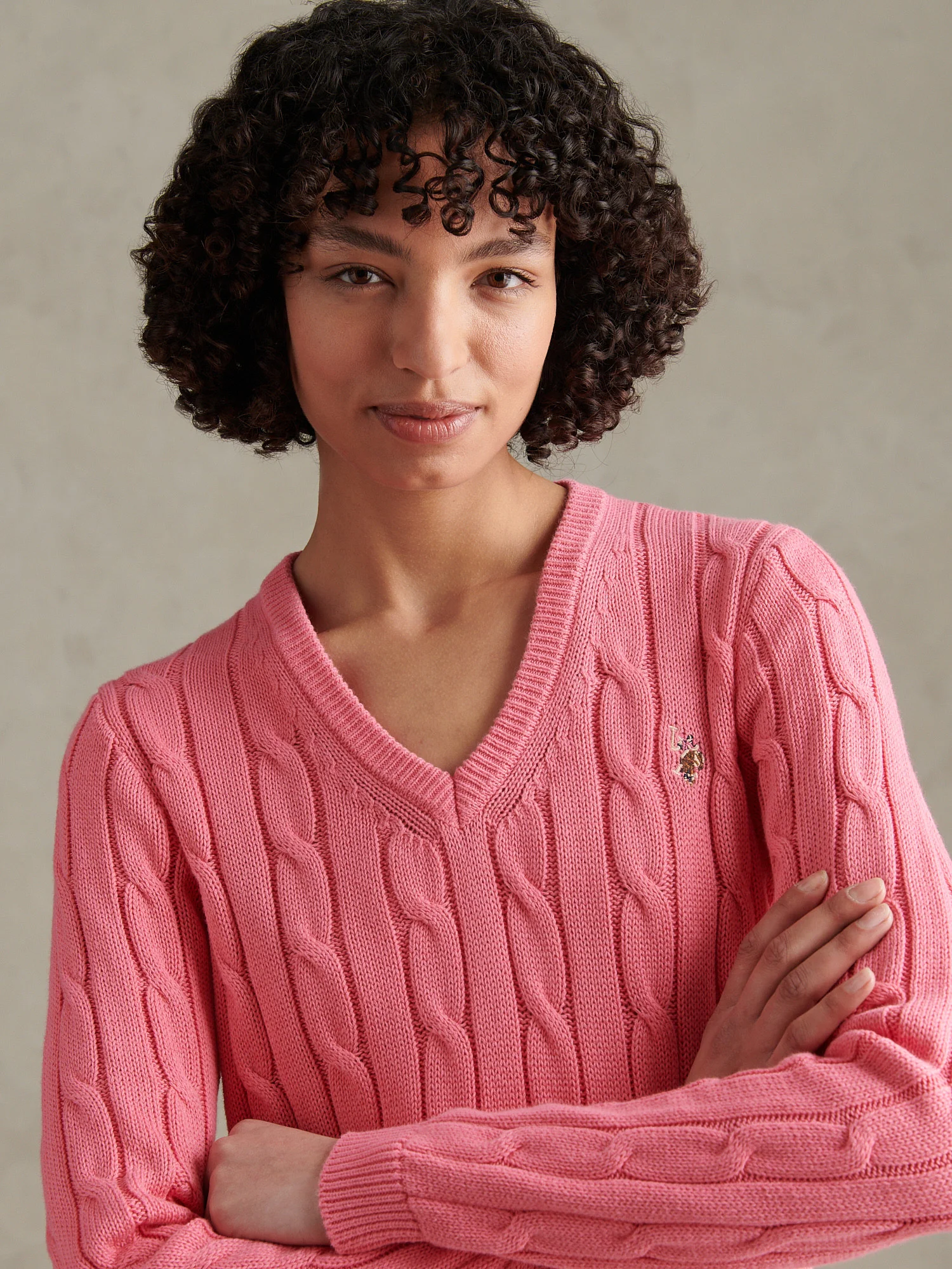 Womens V-Neck Cable Jumper Bubblegum - Image 2