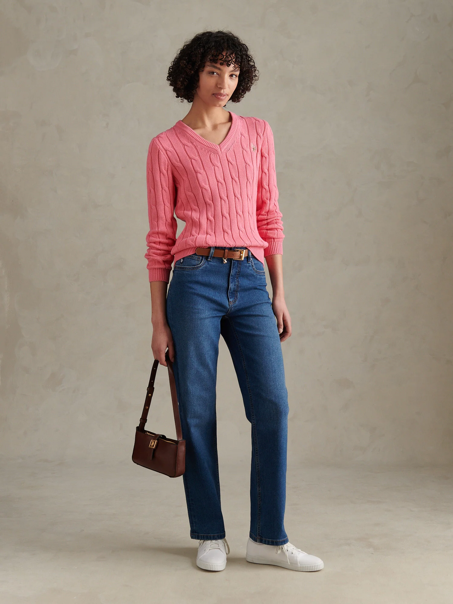 Womens V-Neck Cable Jumper Bubblegum - Image 3