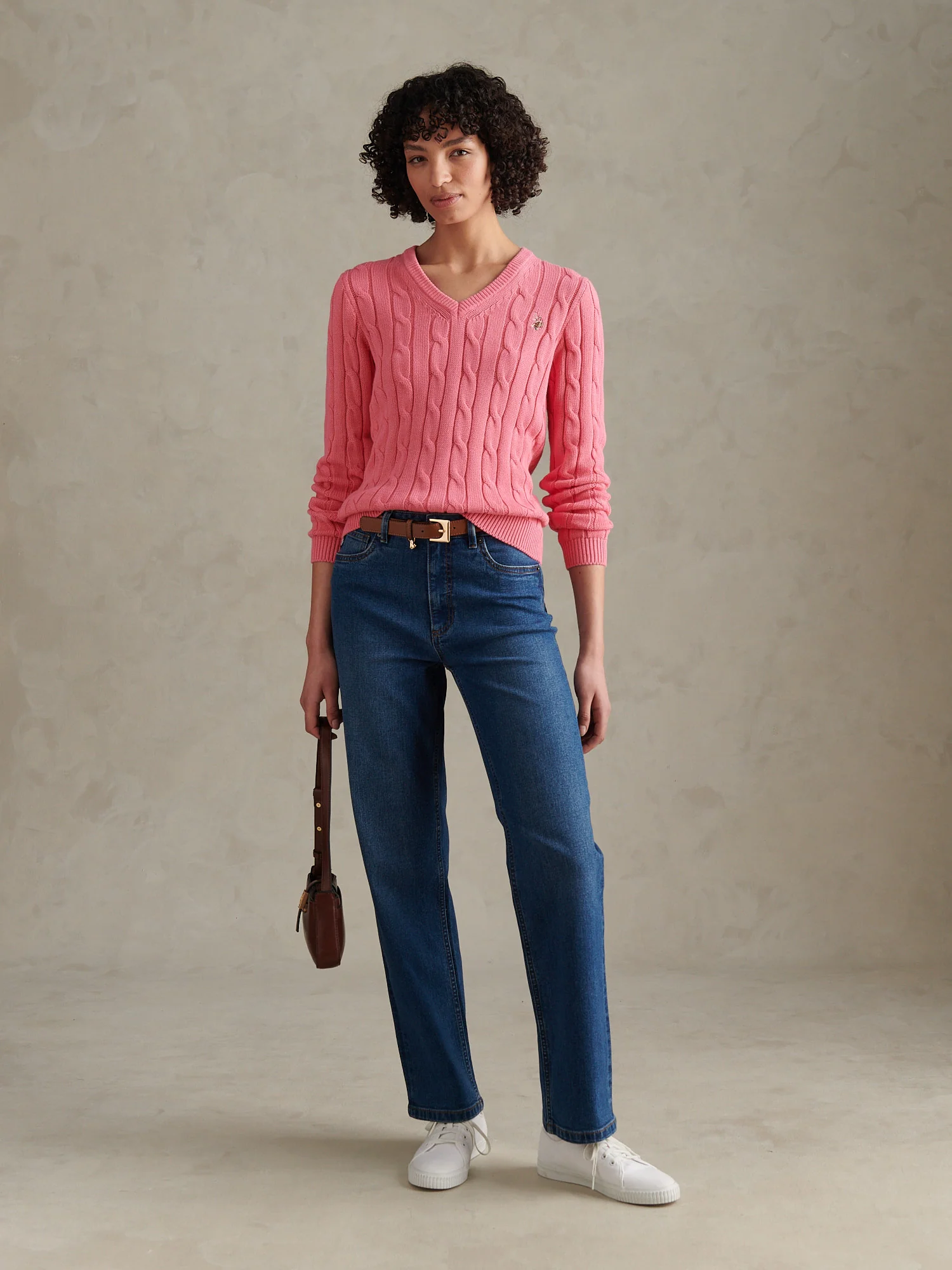 Womens V-Neck Cable Jumper Bubblegum - Image 5