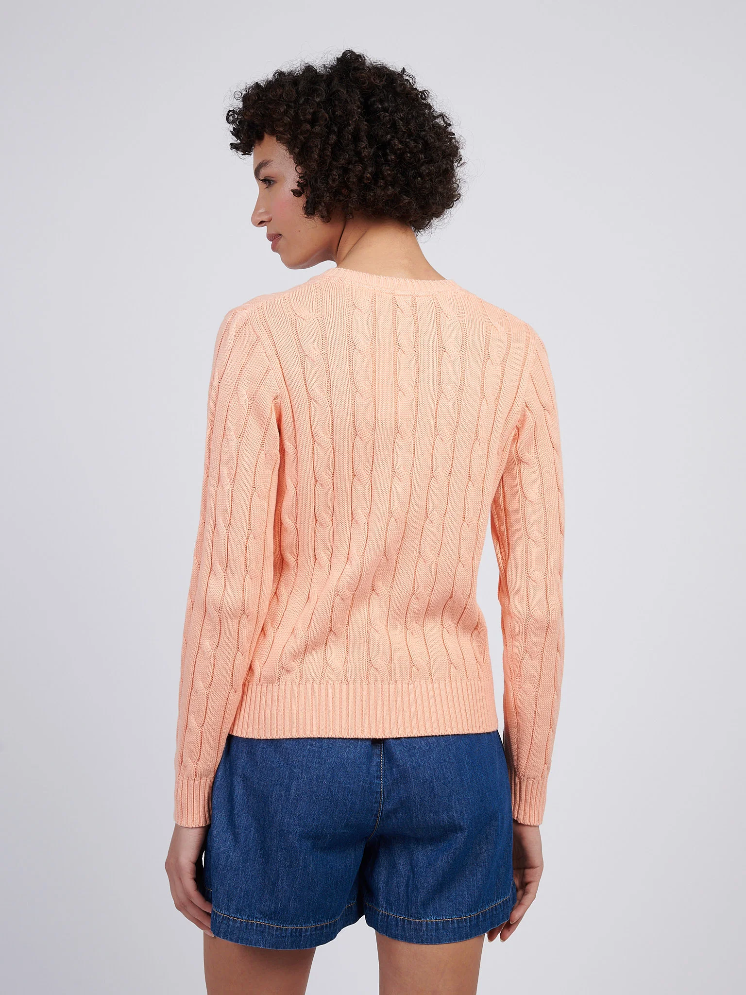 Womens V-Neck Cable Jumper Peach Nectar - Image 4