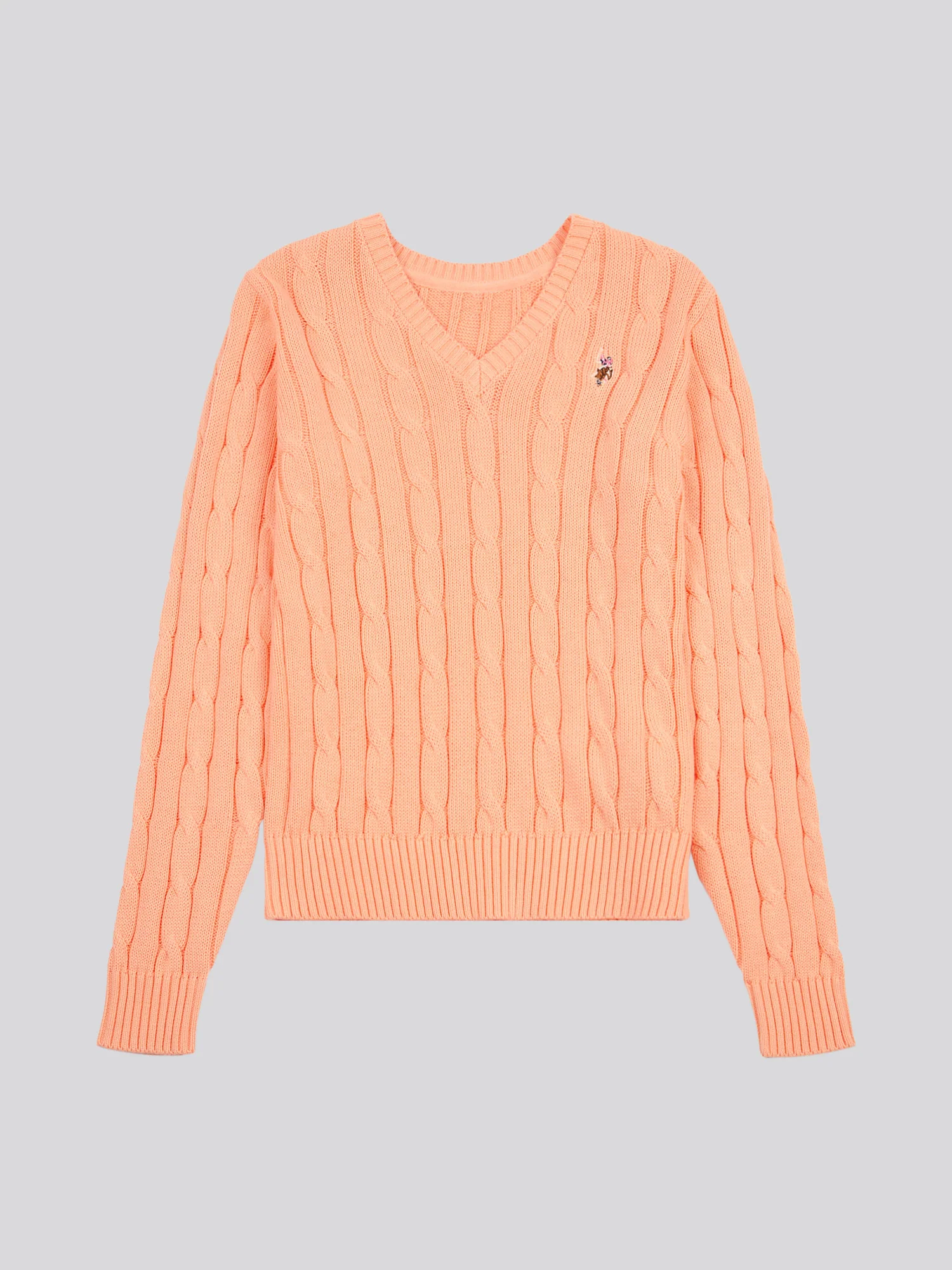 Womens V-Neck Cable Jumper Peach Nectar - Image 5