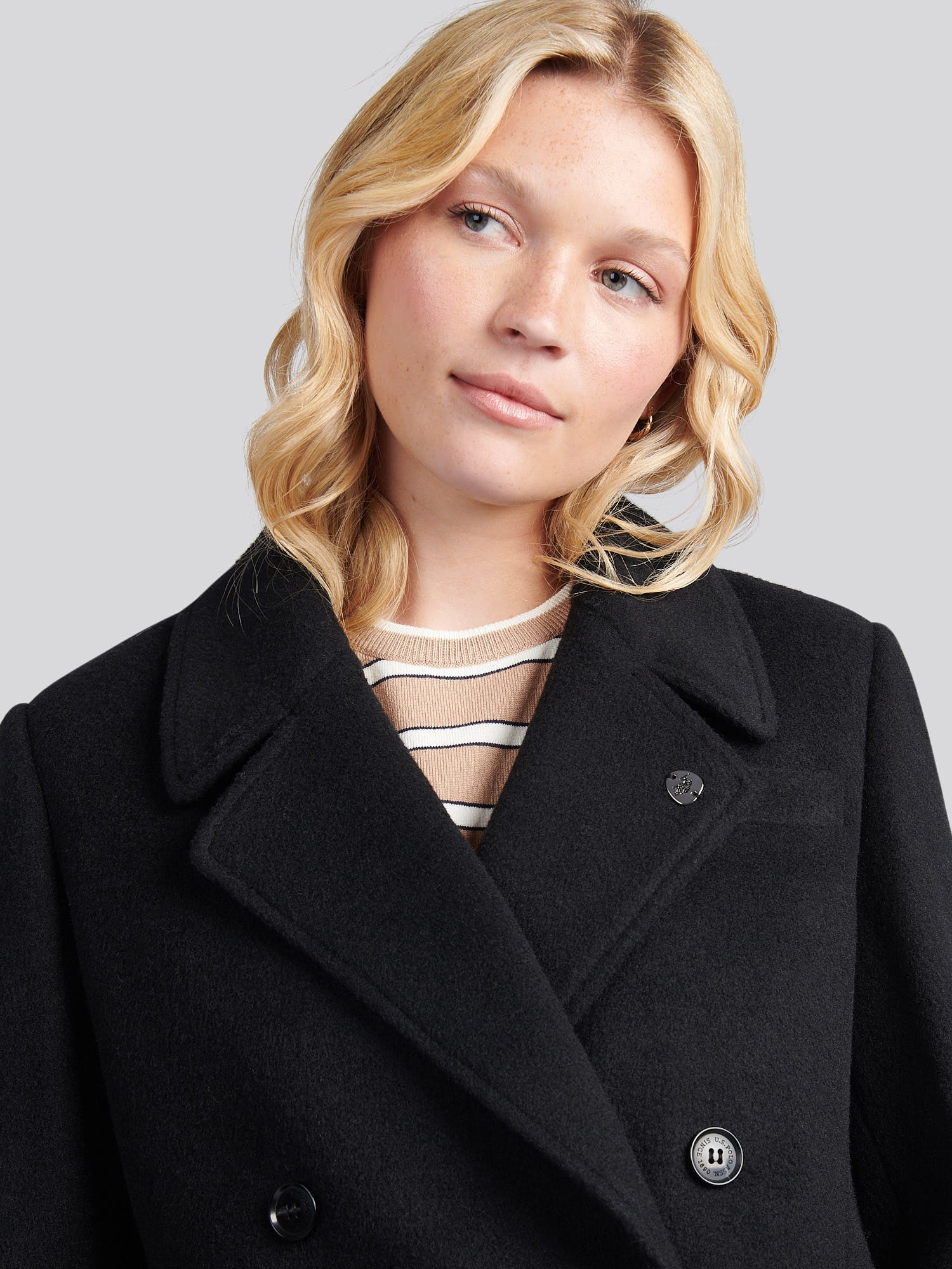 Womens Wool Blend Double Breasted Coat in Black - Image 2